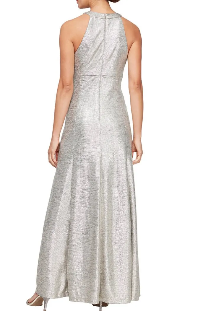 Halter Neck Metallic Knit Dress With Ruched Waist Detail