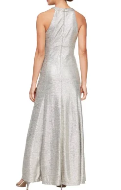 Halter Neck Metallic Knit Dress With Ruched Waist Detail