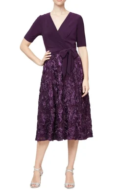 Lace & Jersey Cocktail Dress With Full Rosette Lace Skirt & Tie Belt
