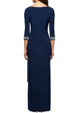 Long A-Line Dress With Side Ruched Cascade Skirt, Keyhole Cutout Neckline And Embllished Sleeves/Neckline