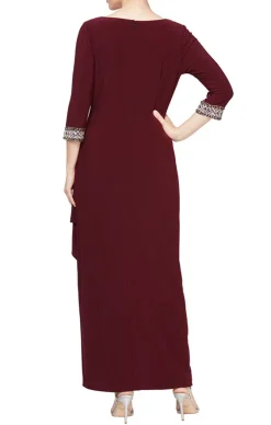 Long A-Line Dress With Side Ruched Cascade Skirt, Keyhole Cutout Neckline And Embllished Sleeves/Neckline