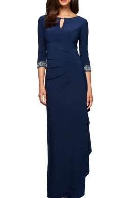 Long A-Line Dress With Side Ruched Cascade Skirt, Keyhole Cutout Neckline And Embllished Sleeves/Neckline