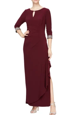 Long A-Line Dress With Side Ruched Cascade Skirt, Keyhole Cutout Neckline And Embllished Sleeves/Neckline