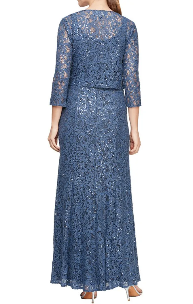 Long A-Line Jacket Dress With Illusion Cascade Jacket And Sequin Detail