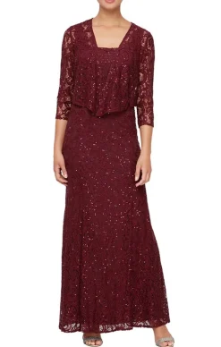 Long A-Line Jacket Dress With Illusion Cascade Jacket And Sequin Detail