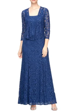 Long A-Line Jacket Dress With Illusion Cascade Jacket And Sequin Detail