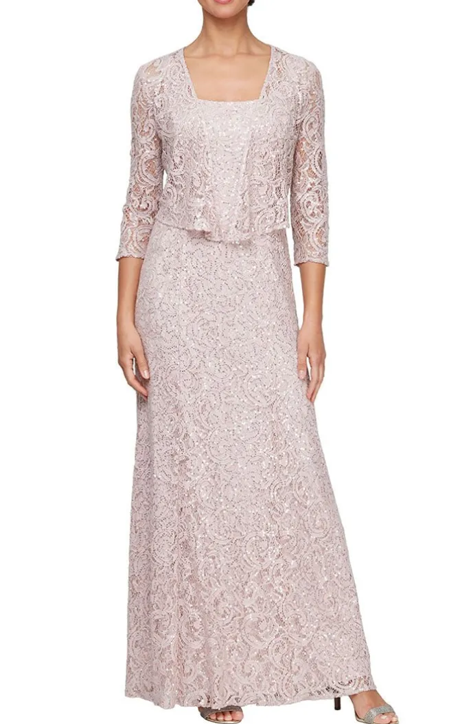 Long A-Line Jacket Dress With Illusion Cascade Jacket And Sequin Detail