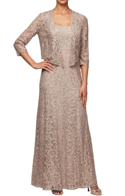 Long A-Line Jacket Dress With Illusion Cascade Jacket And Sequin Detail