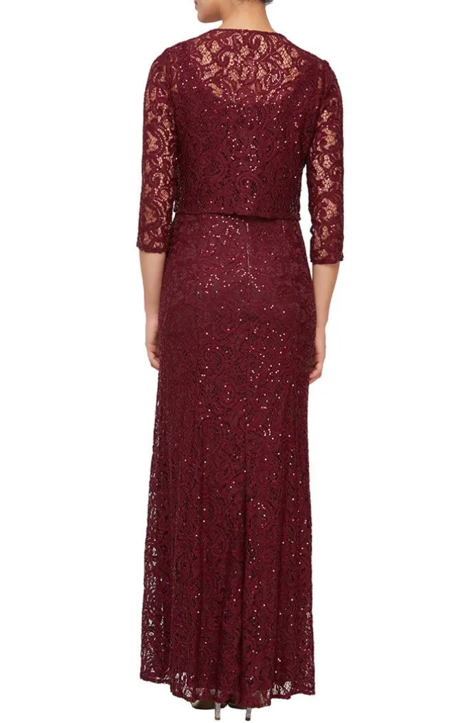 Long A-Line Jacket Dress With Illusion Cascade Jacket And Sequin Detail