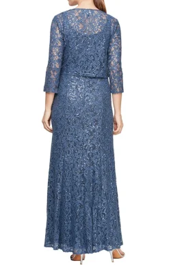 Long A-Line Jacket Dress With Illusion Cascade Jacket And Sequin Detail