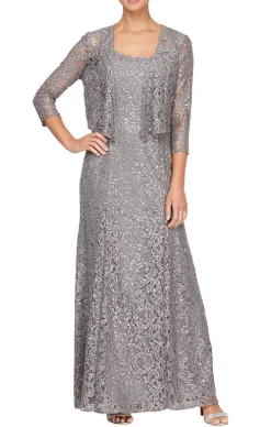 Long A-Line Jacket Dress With Illusion Cascade Jacket And Sequin Detail