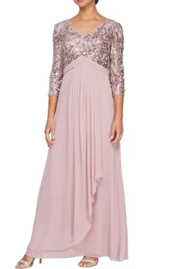 Long A-Line V-Neck Dress With Empire Waistline And Cascade Detail Skirt