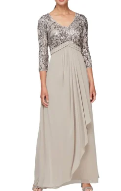 Long A-Line V-Neck Dress With Empire Waistline And Cascade Detail Skirt