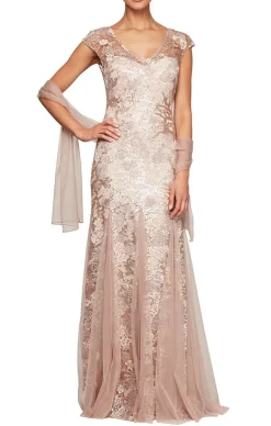 Long Cap Sleeve Embroidered Fit And Flare Dress With Godet Detail Skirt, Illusion V-Neckline And Shawl