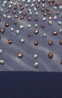 Long Column Stretch Crepe Gown With Heat Set Illusion Neckline & Bell Sleeves