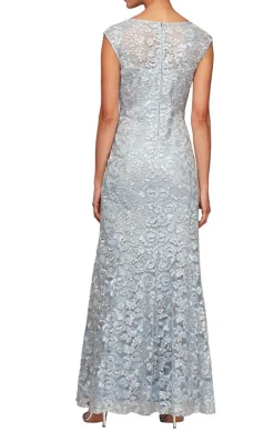 Long Embroidered Fit & Flare Dress With Illusion Neckline And Shawl