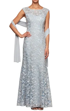 Long Embroidered Fit & Flare Dress With Illusion Neckline And Shawl