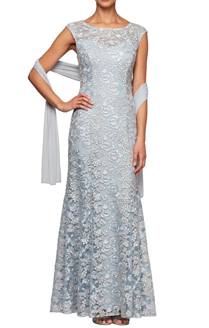 Long Embroidered Fit And Flare Dress With Illusion Neckline And Shawl