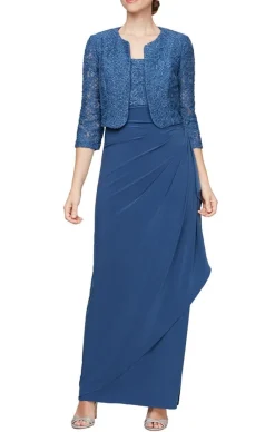 Long Empire Waist Bolero Jacket Dress With Open Jacket, Scoop Neck Bodice And Cascade Detail Skirt