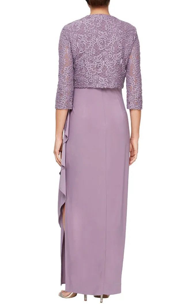 Long Empire Waist Bolero Jacket Dress With Open Jacket, Scoop Neck Bodice And Cascade Detail Skirt