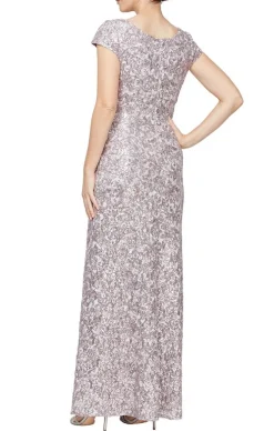 Long Empire Waist Corded Lace Dress With Surplice Neckline And Cap Sleeves