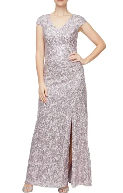 Long Empire Waist Corded Lace Dress With Surplice Neckline And Cap Sleeves