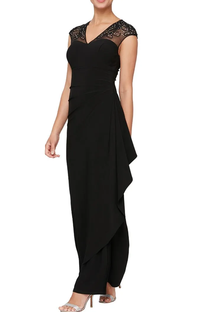 Long Empire Waist Dress With Embellished And Embroidered Illusion Neckline/Back Detail And Cascade Detail Skirt