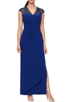 Long Empire Waist Dress With Embellished And Embroidered Illusion Neckline/Back Detail And Cascade Detail Skirt