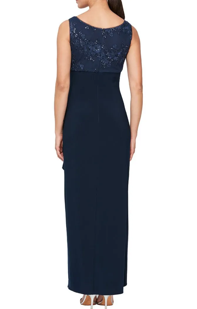 Long Empire Waist Embroidered Jacket Dress With Hook Neck Closure Jacket And Cascade Detail Skirt