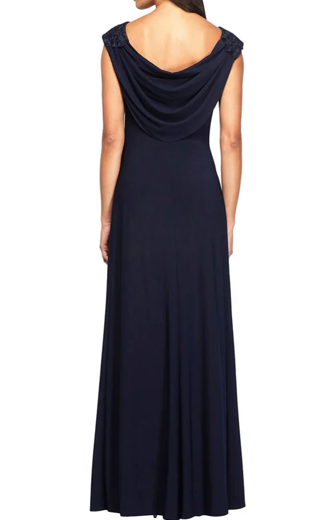 Long Empire Waist Lace And Jersey Gown With Side Ruched Skirt And Cowl Back Detail