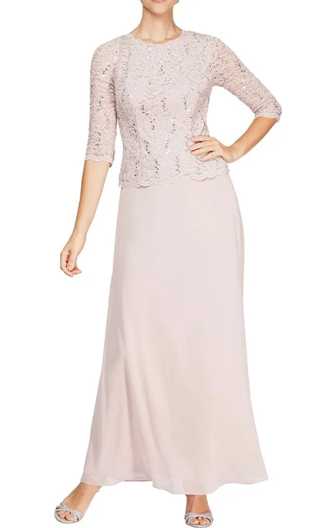 Long Gown With Sequin Lace Bodice & Chiffon Skirt