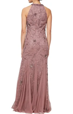 Long Halter Neck Hand Beaded Fit & Flare Gown With Godet Detail