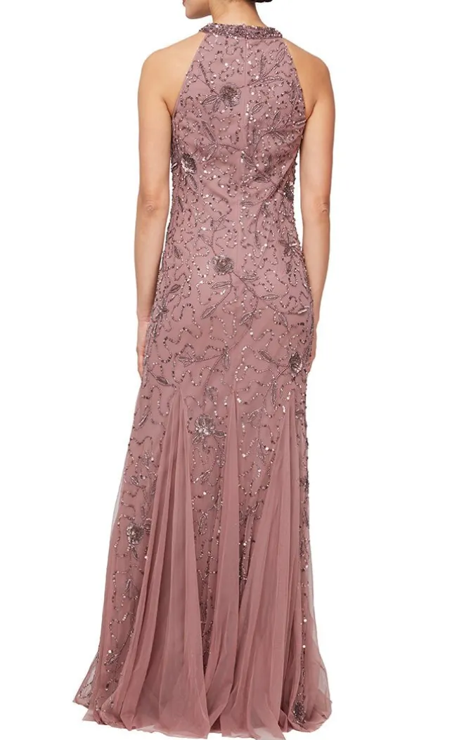 Long Halter Neck Hand Beaded Fit & Flare Gown With Godet Detail