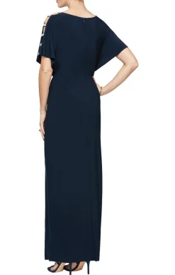 Long Knot Front Jersey Dress With Front Slit & Embellished Sleeve Cutouts