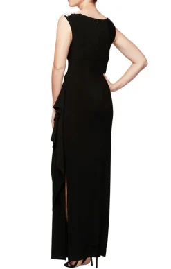 Long Matte Jersey Cap Sleeve Gown With Side Ruched Detail And Embroidered, Embellished Illusion Neckline