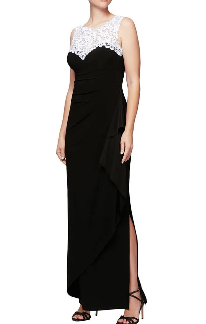 Long Matte Jersey Cap Sleeve Gown With Side Ruched Detail And Embroidered, Embellished Illusion Neckline