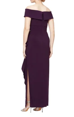 Long Off-The-Shoulder Matte Jersey Dress With Foldover Cuff, Embellishment Detail At Hip And Cascade Ruffle Skirt