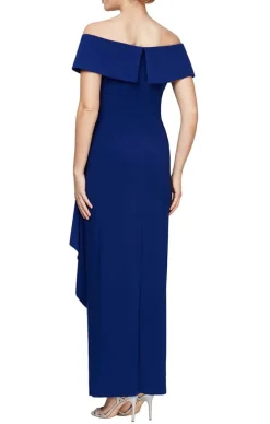 Long Off-The-Shoulder Matte Jersey Dress With Foldover Cuff, Embellishment Detail At Hip And Cascade Ruffle Skirt