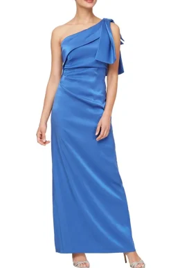 Long One Shoulder Shimmer Satin Dress With Bow Shoulder Detail