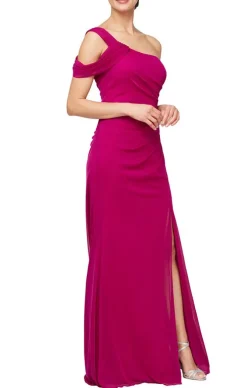 Long One Shoulder Stretch Mesh Dress With Cold Shoulder Sleeve