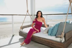 Long One Shoulder Stretch Mesh Dress With Cold Shoulder Sleeve