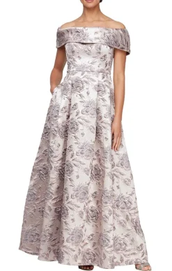 Long Printed Off-The-Shoulder Metallic Brocade Ballgown With Pockets