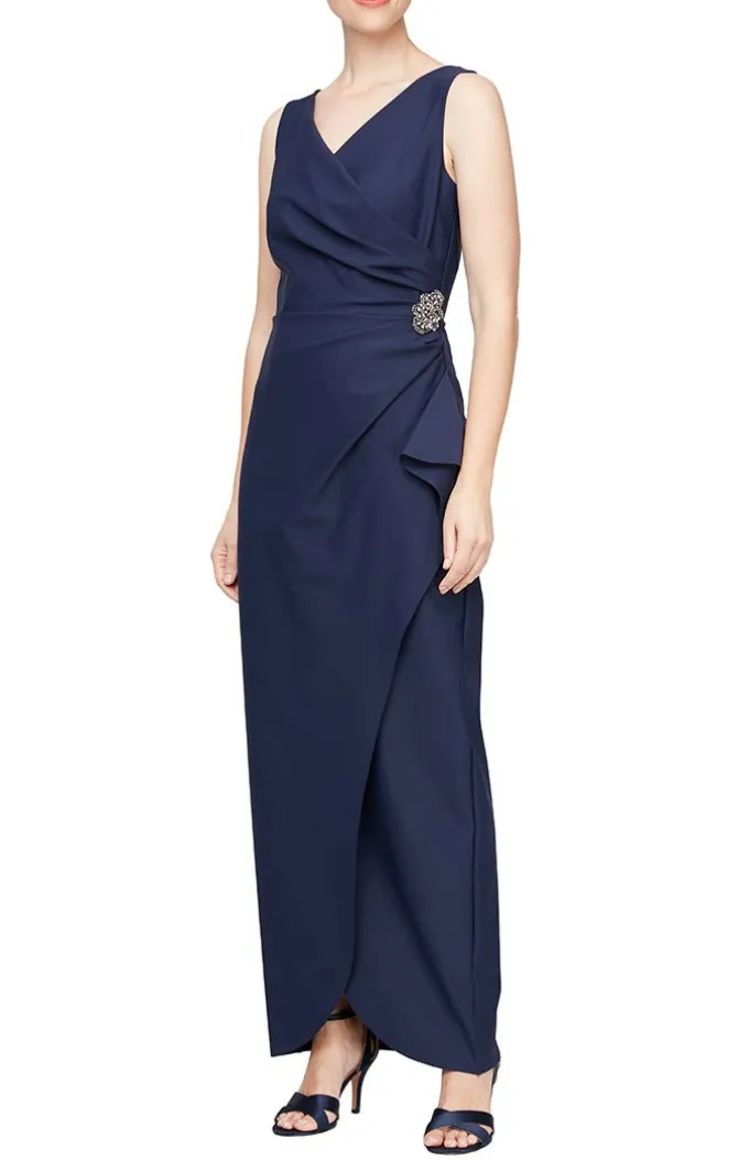 Long Sleeveless Compression Sheath Gown With Surplice Neckline, Cascade Detail Skirt And Beaded Detail At Hip