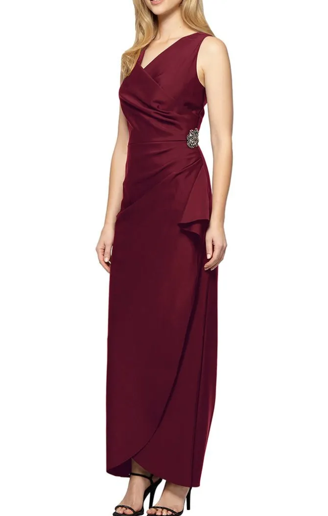 Long Sleeveless Compression Sheath Gown With Surplice Neckline, Cascade Detail Skirt And Beaded Detail At Hip