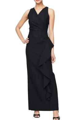 Long Sleeveless Compression Halter Style Dress With Cascade Ruffle Detail
