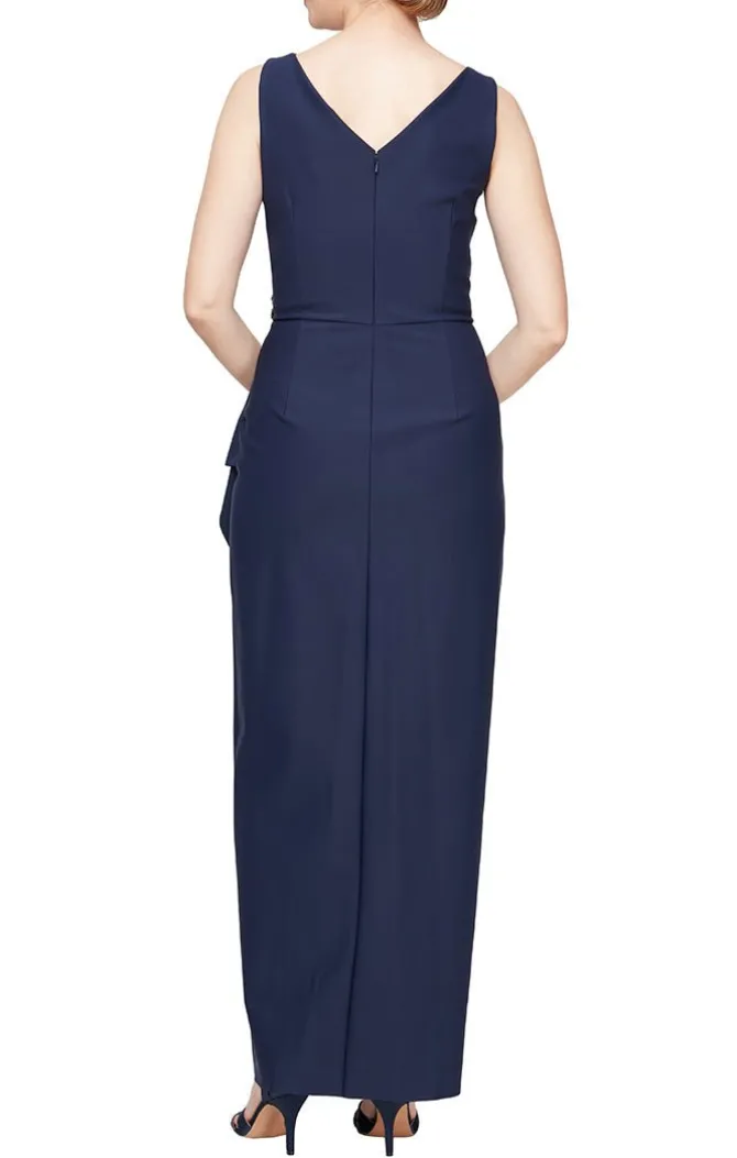 Long Sleeveless Compression Sheath Gown With Surplice Neckline, Cascade Detail Skirt And Beaded Detail At Hip