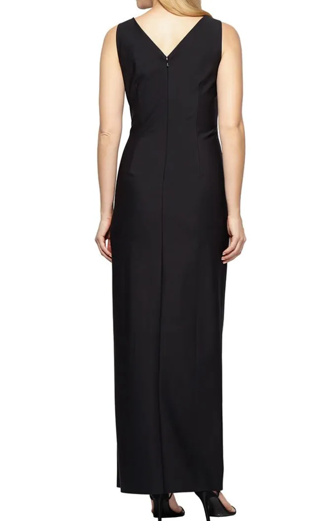 Long Sleeveless Compression Sheath Gown With Surplice Neckline, Cascade Detail Skirt And Beaded Detail At Hip