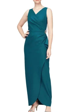 Long Sleeveless Compression Sheath Gown With Surplice Neckline, Cascade Detail Skirt And Beaded Detail At Hip