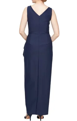 Long Sleeveless Compression Sheath Gown With Surplice Neckline, Cascade Detail Skirt And Beaded Detail At Hip