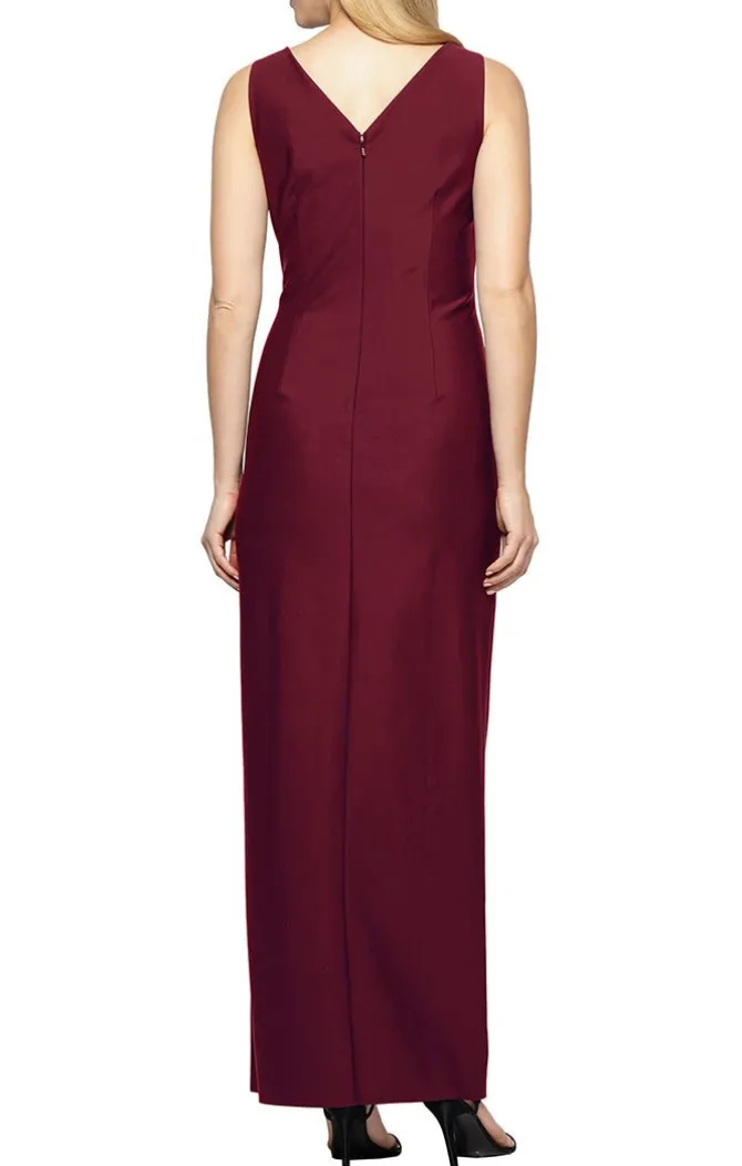 Long Sleeveless Compression Sheath Gown With Surplice Neckline, Cascade Detail Skirt And Beaded Detail At Hip